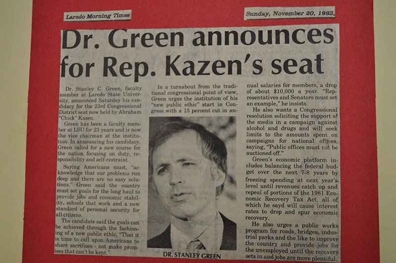 Laredo Morning Time's newspaper clipping titled 'Dr. Green announces for Rep. Kazen's seat. The clipping has a photo of Dr. Green.