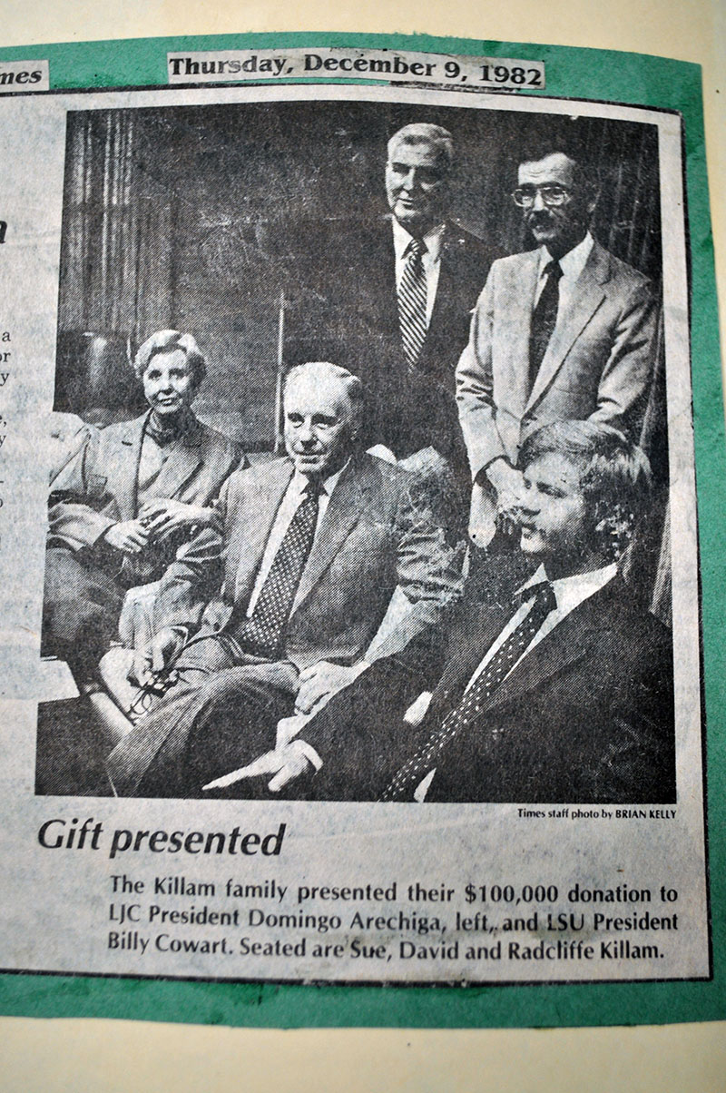 Seated are Sue, David, and Radcliffe Killam. Standing behind them is are respective presidents of LJC and LSU, Domingo Arechiga and Billy Cowart.