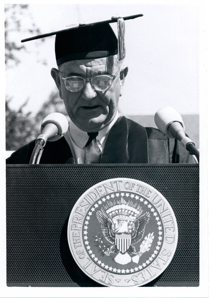 Lyndon B. Johnson speaking at a commencement 