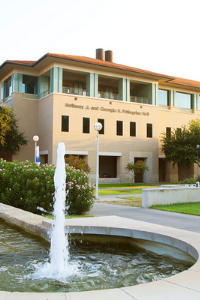 TAMIU's Pellegrino Hall, as seen from the fountain in the middle of campus.