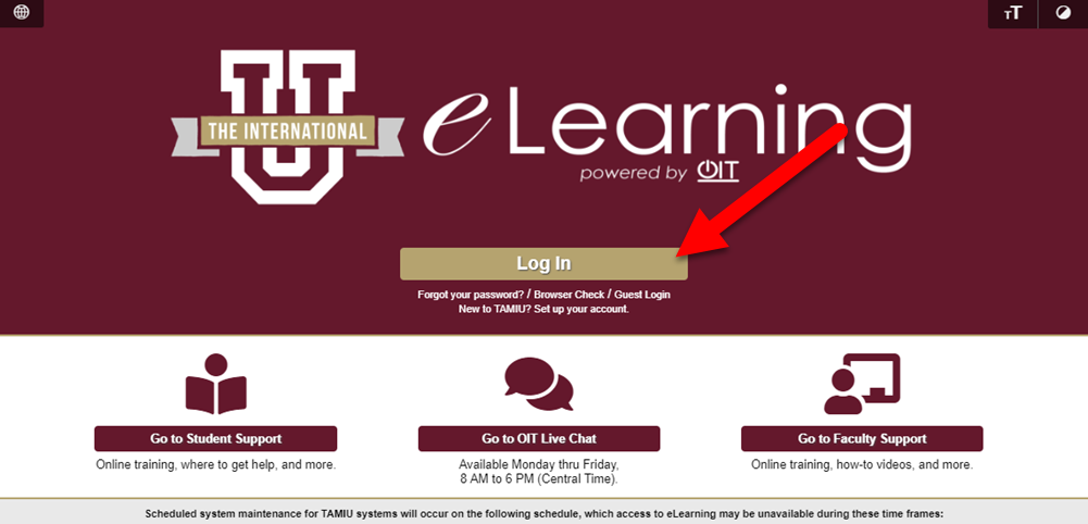 Arrow pointing to the location of the log in here button in Blackboard.