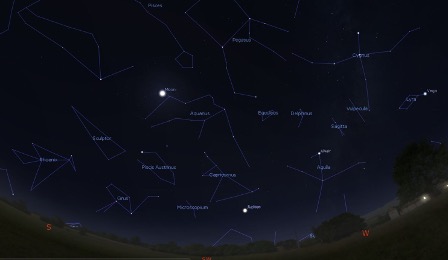 The bright object in the bottom center of the image above shows this conjunction as it will appear in the night sky on Monday, December 21 in the southwest near the horizon. (View produced in Stellarium.)